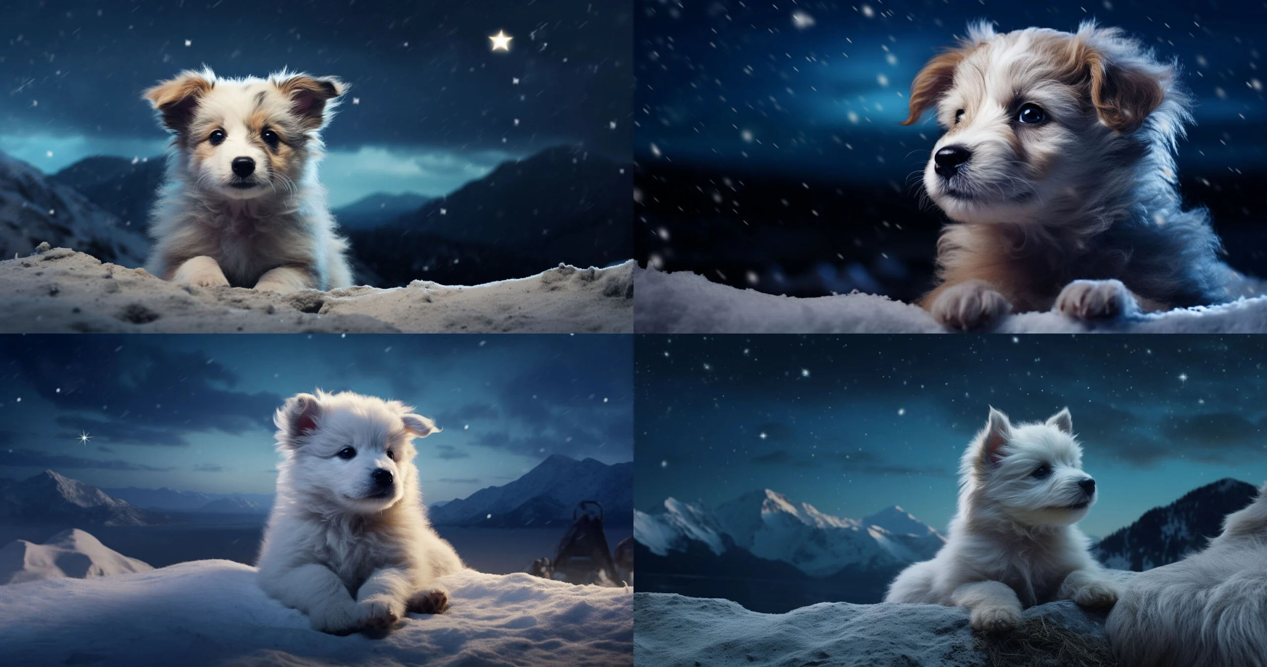 A fluffy puppy playing in the snow on a moonlit night in the mountains