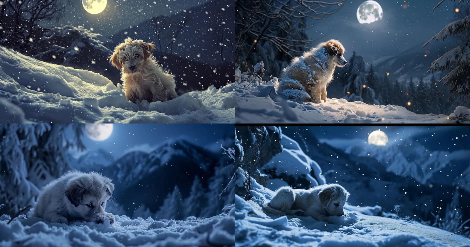 A fluffy puppy playing in the snow on a moonlit night in the mountains